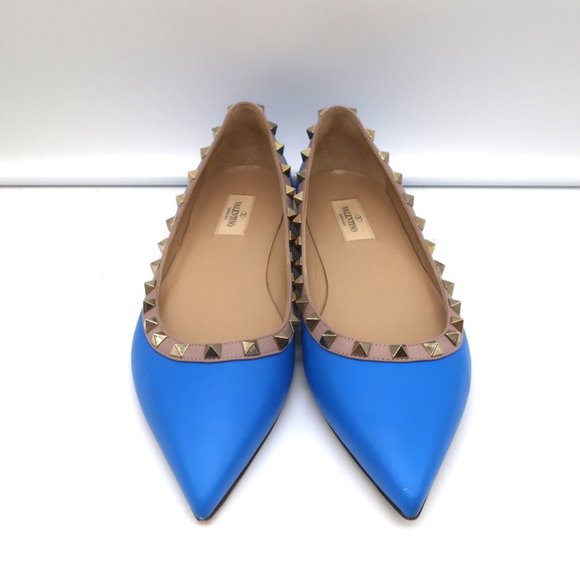 VALENTINO ROCKSTUD BALLET FLATS BLUE & POUDRE LEATHER SIZE 40 POINTED TOE - Picture 4 of 12